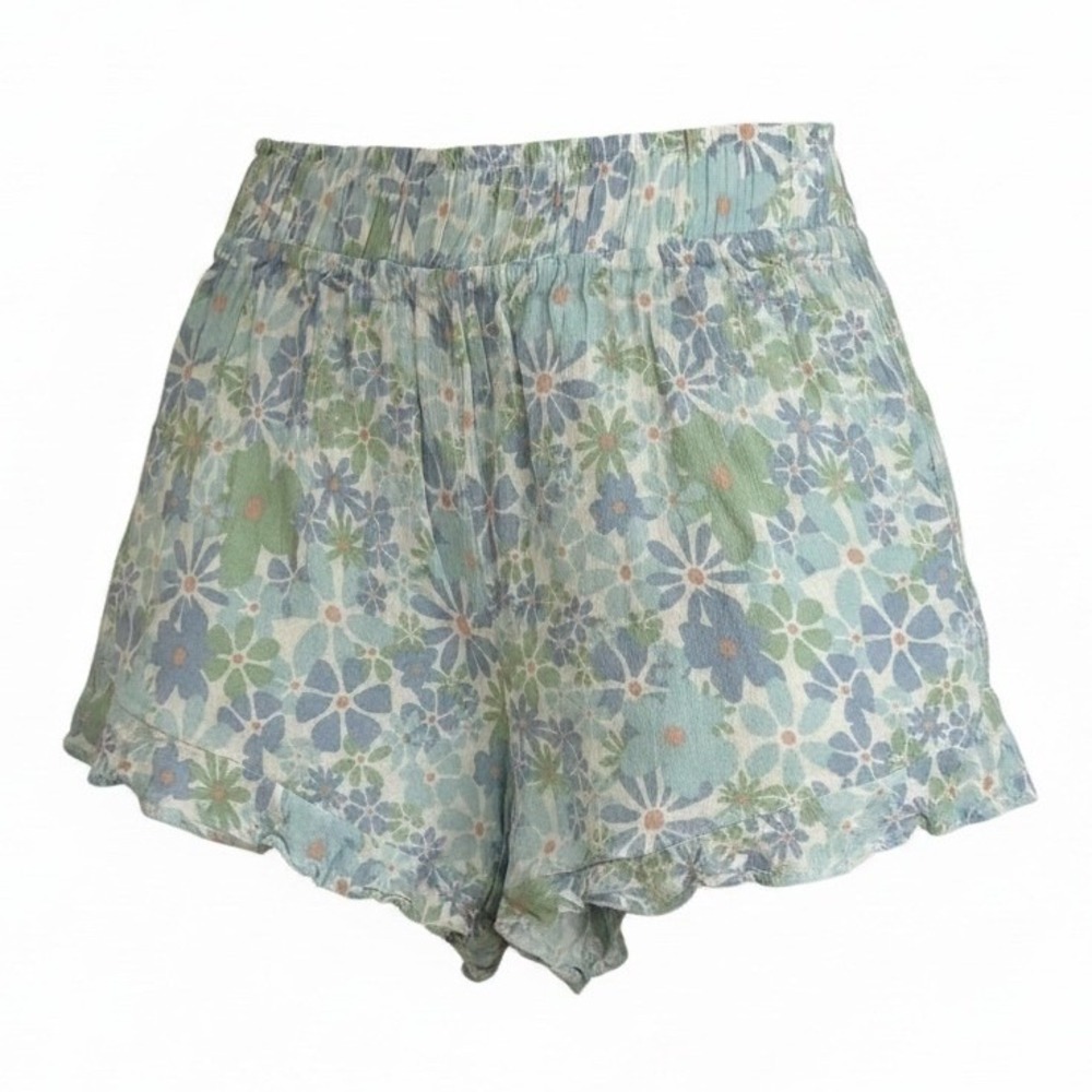 Hippie Rose Blue Floral Ruffle Hem Shorts  NWT Women's Lg Blue Green Boho Summer